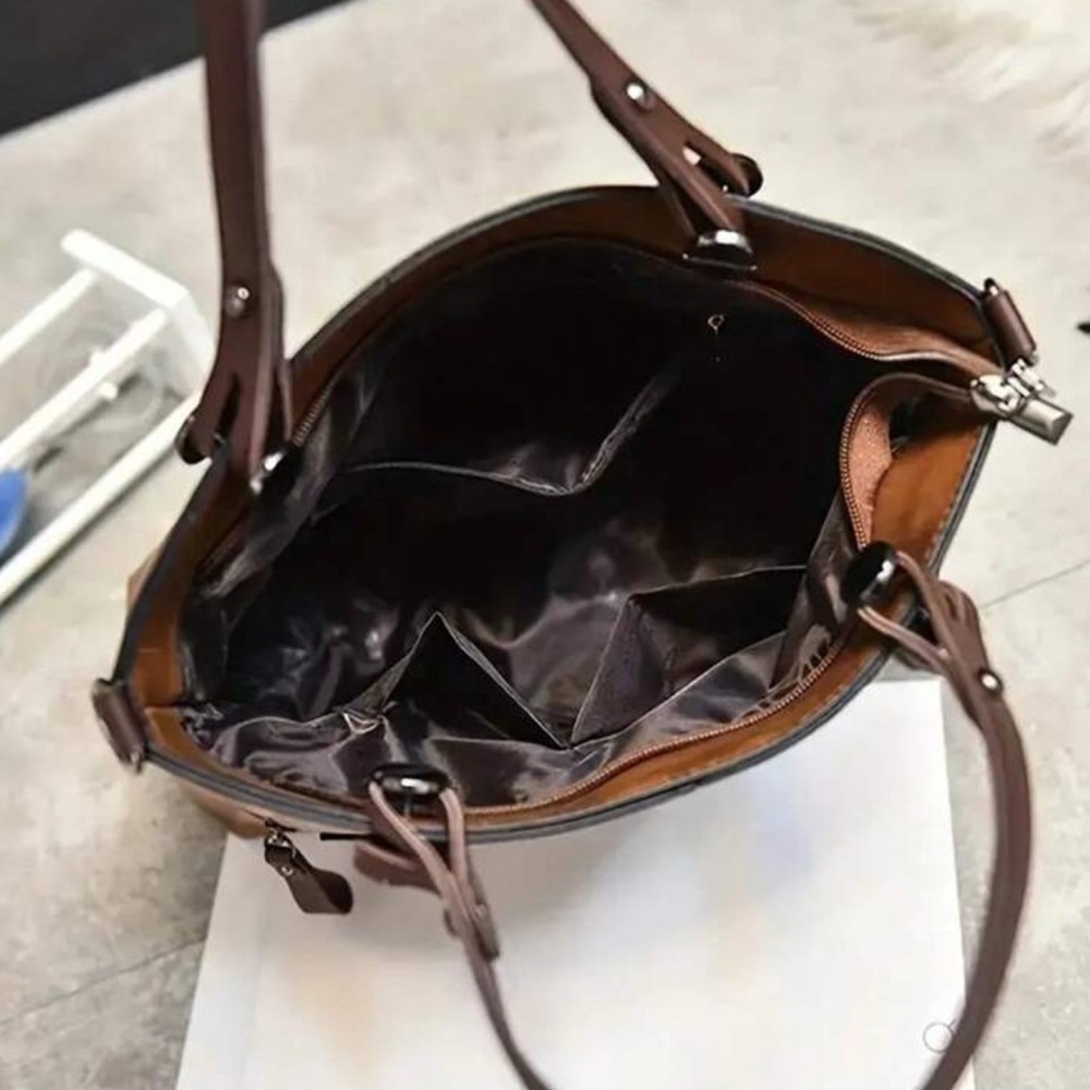 Luxe Brown Zipper Large Tote Shoulder Bag - Picture 4 of 6